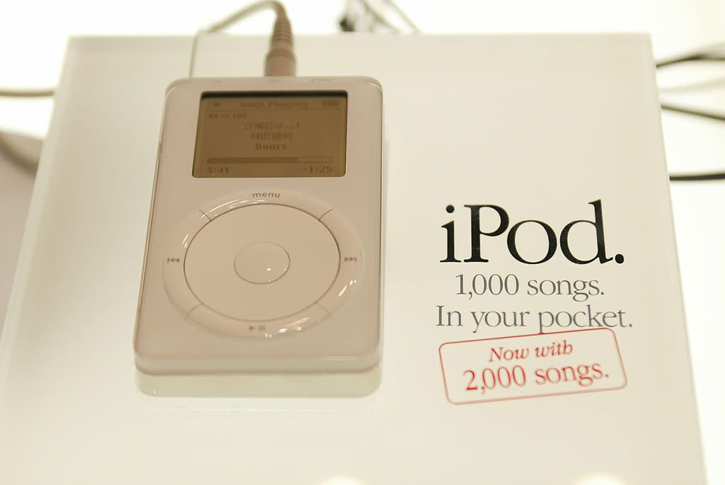 The new iPod is on display on the opening day of the Macworld Expo trade show March 20, 2002 in Tokyo, Japan.