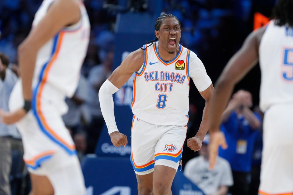 Thunder forward Jalen Williams (8) celebrates during a 117-95 win against the Mavericks in Game 1 of the Western Conference semifinals on Tuesday night at Paycom Center.
