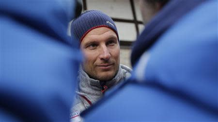 Norway's Aksel Lund Svindal speaks to journalists at the Rosa Khutor Alpine Skiing resort February 17, 2014. REUTERS/Leonhard Foeger