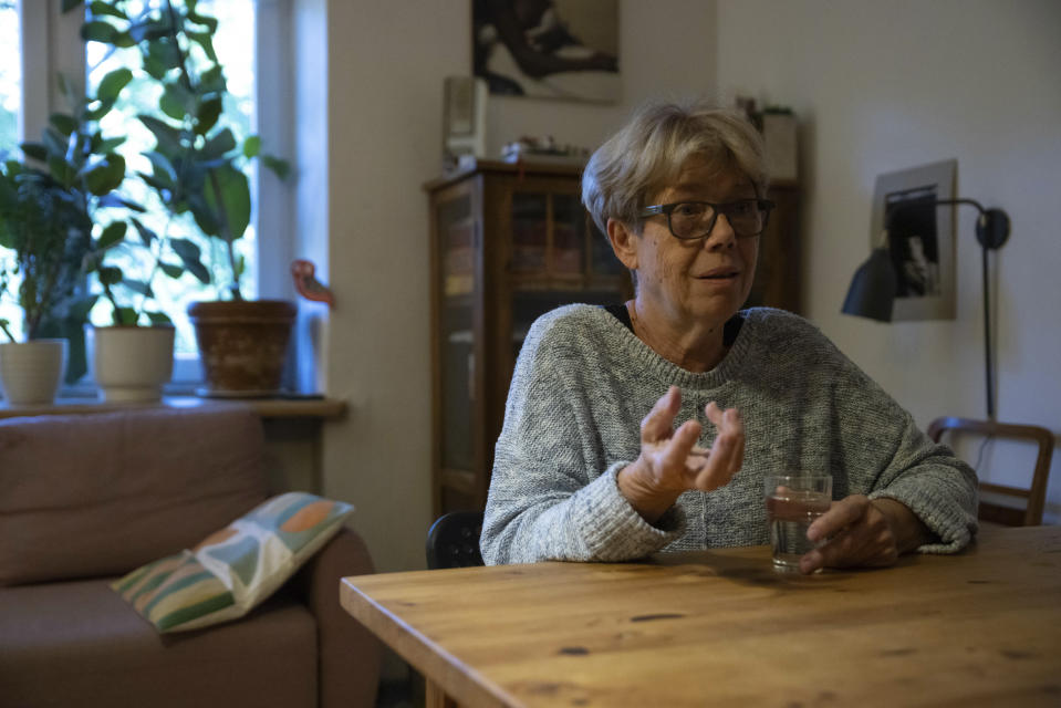 Social activist Danuta Kuron, who was an anti-communist dissident with Poland's Solidarity movement, speaks to The Associated Press in her home in Warsaw, Poland, Monday, Oct. 9, 2023. Like many other former Solidarity activists, Kuron is critical of what has happened in Poland, where democratic checks and balances have been weakened by a populist government over the past eight years. Concerns about democracy are driving the choice of many Poles as they prepare to vote in a national election Sunday viewed as the most important one since 1989. (AP Photo/Michal Dyjuk)