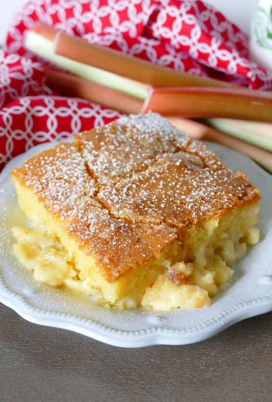 <p>Hot Eats and Cool Reads</p><p>Pure comfort food just like grandma used to make.</p><p><strong>Get the recipe: <a href="https://www.hoteatsandcoolreads.com/2012/06/rhubarb-cream-cake-recipe.html" rel="nofollow noopener" target="_blank" data-ylk="slk:Rhubarb Cream Cake;elm:context_link;itc:0;sec:content-canvas" class="link ">Rhubarb Cream Cake</a></strong></p>