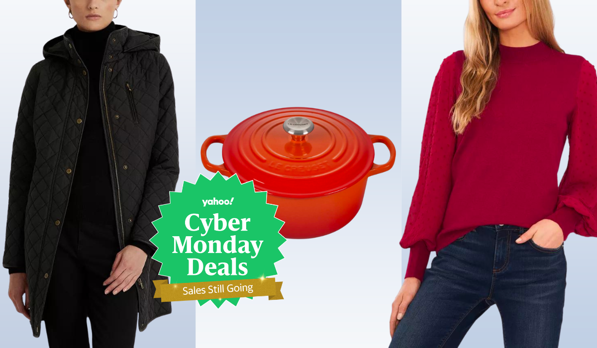 woman wearing jacket, le creuset pot, woman wearing sweater and jeans