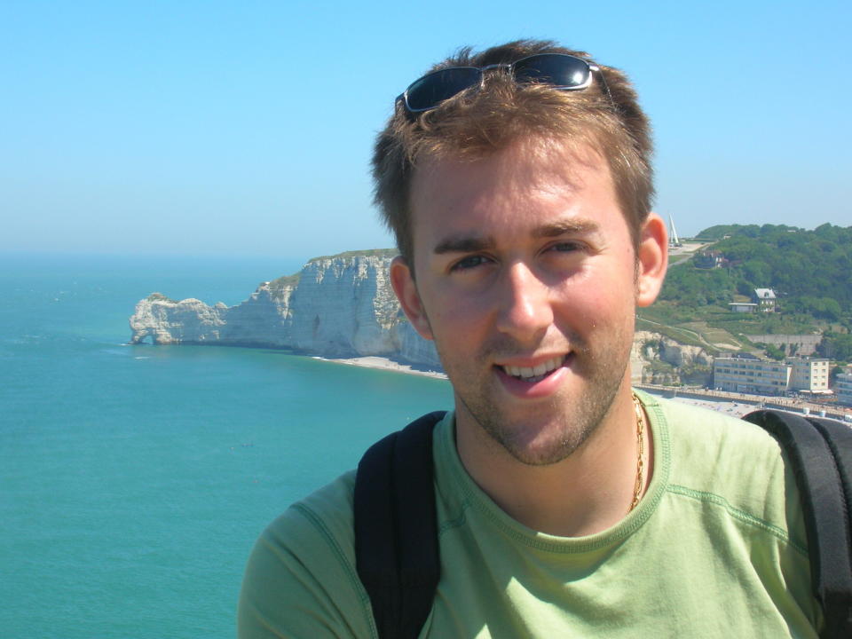 In this July 16, 2006 photo of Nicolas Touillou, who was killed in the 2009 Rio-Paris plane crash at age 27, poses for his fiance Gwenola Roger. It was the worst plane crash in Air France history, killing people of 33 nationalities and having lasting impact. It led to changes in air safety regulations, how pilots are trained and the use of airspeed sensors. (Gwenola Roger via AP)