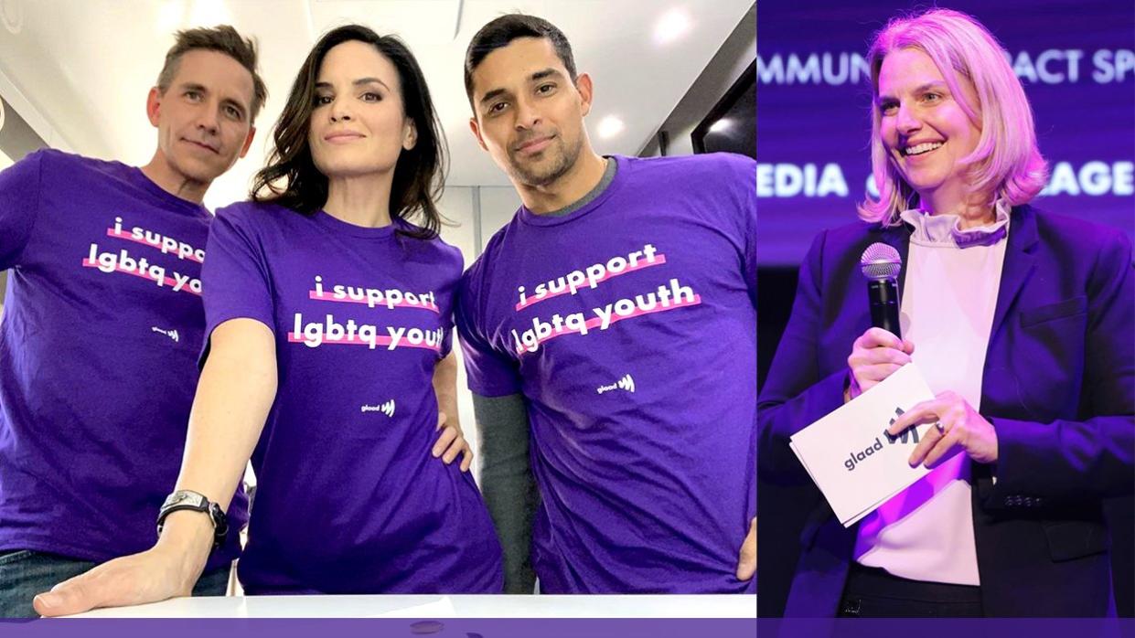 Spirit Day Support LGBTQ Youth Against Bullying purple tshirts NCIS cast Brian Dietzen Katrina Law Wilmer Valderrama GLAAD President Sarah Kate Ellis