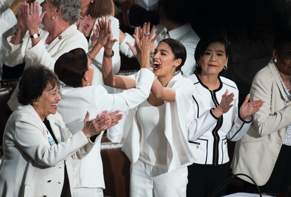 Ocasio-Cortez cheered when Trump noted the record number of women elected to Congress. (Photo: Tom Williams/CQ Roll Call)