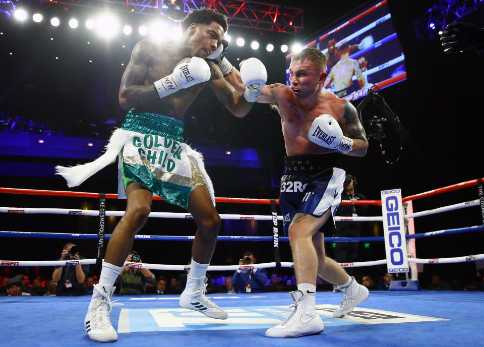 Carl Frampton (R) fought for the first time in a year on Saturday after a freak injury to his left hand. (Mikey Williams/Top Rank)