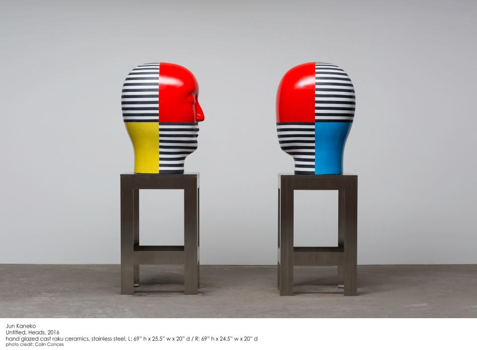 Jun Kaneko, Untitled, Heads, 2016, hand glazed cast raku ceramics, stainless steel. Kaneko's works will be on display at the Amarillo Museum of Art now through early September.