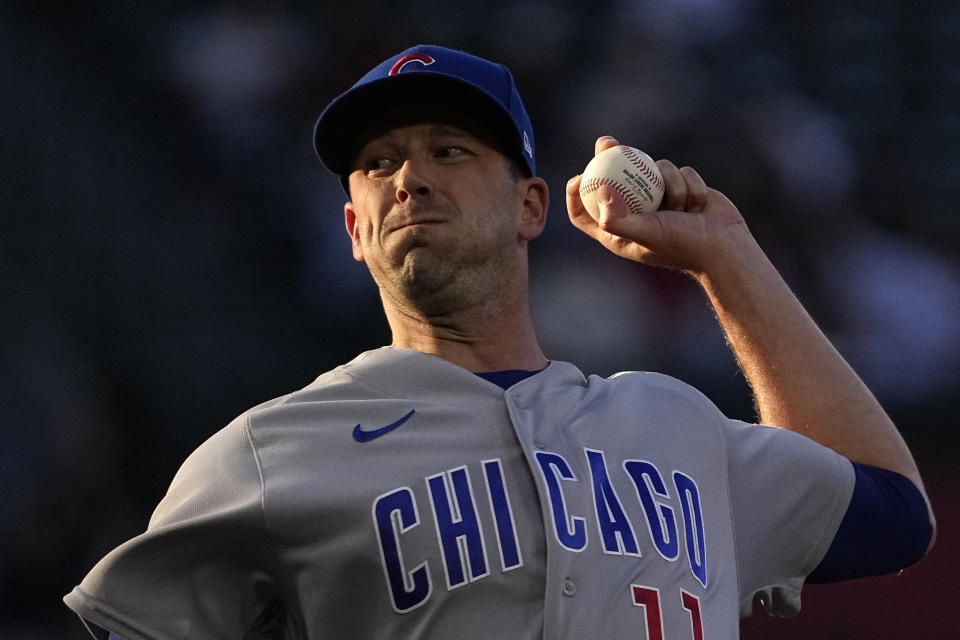 Chicago Cubs starting pitcher Drew Smyly throws to the plate during the second inning of a baseball game against the Los Angeles Angels Thursday, June 8, 2023, in Anaheim, Calif. (AP Photo/Mark J. Terrill)