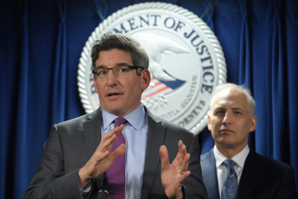 Acting U.S. Attorney District of Massachusetts Joshua Levy, left, speaks to reporters as Assistant Attorney General Justice Department's National Security Division Matthew Olsen, right, looks on during a news conference, Monday, March 4, 2024, in Boston. Massachusetts Air National Guardsman Jack Teixeira pleaded guilty in federal court Monday to leaking highly classified military documents about Russia's war in Ukraine and other national security secrets. (AP Photo/Steven Senne)