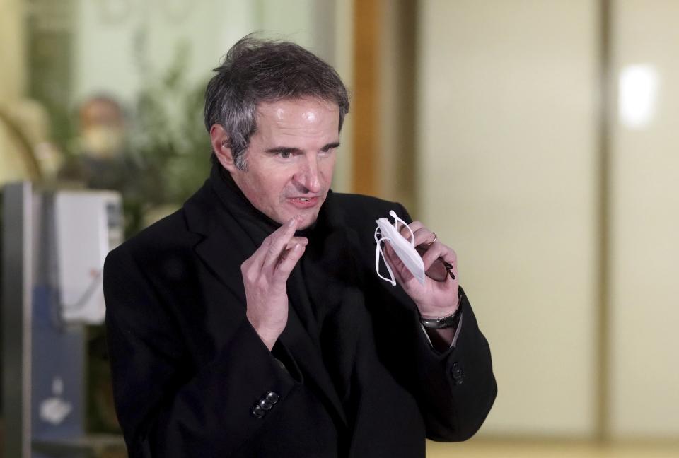 Director General of International Atomic Energy Agency, IAEA, Rafael Mariano Grossi from Argentina, speaks to the media after returning from Iran at the Vienna International Airport, Sunday, Feb. 21, 2021. (AP Photo/Ronald Zak)