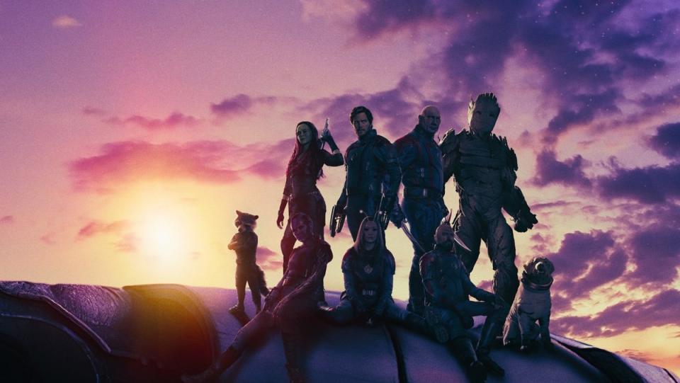 The Guardians of the Galaxy from Vol. 3 stand on a ship's wing in a poster