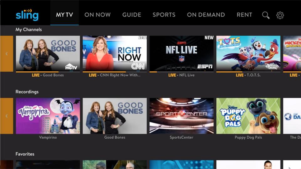 Sling TV user interface with various TV show titles in a grid. 