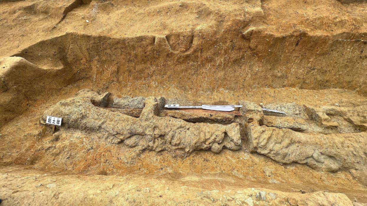  The iron dakō sword has heavily rusted after more than 16 centuries underground. In this photograph, a replica of the sword lies in the place where it was found. 