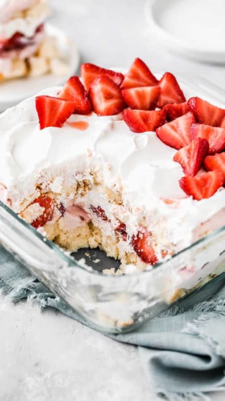 <p>Grandbaby Cakes</p><p>Strawberry Punch Bowl Cake Recipe has perfect layers of moist pound cake, decadent strawberry hinted cream cheese filling, fresh whipped cream and perfectly in season fresh strawberries create the perfect spring dessert!</p><p><strong>Get the recipe: <a href="https://grandbaby-cakes.com/strawberry-punch-bowl-cake/" rel="nofollow noopener" target="_blank" data-ylk="slk:Strawberry Punch Bowl Cake;elm:context_link;itc:0;sec:content-canvas" class="link rapid-noclick-resp">Strawberry Punch Bowl Cake</a></strong></p>