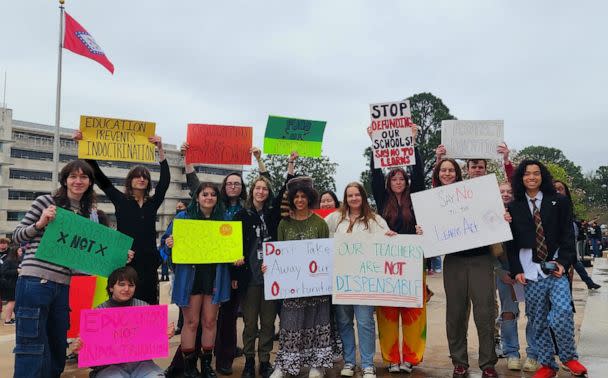 PHOTO: Students protest Gov. Sarah Huckabee Sanders signing the LEARNS Act at the Arkansas State Capitol in Little Rock on Wednesday, March 7. (Ximena Gonzalez)