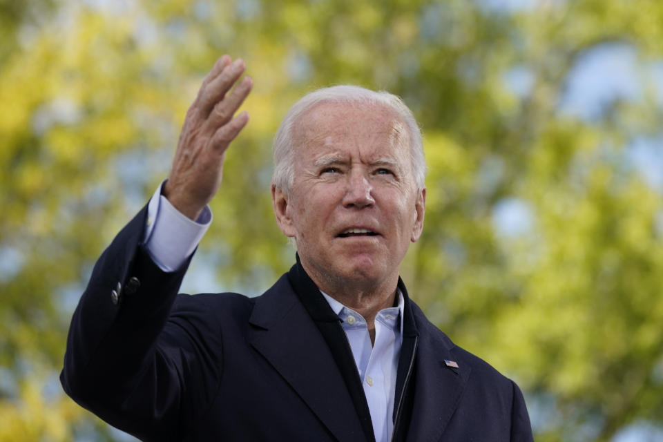 Democratic presidential candidate former Vice President Joe Biden speaks during a campaign event at Riverside High School in Durham, N.C., Sunday, Oct. 18, 2020. (AP Photo/Carolyn Kaster)