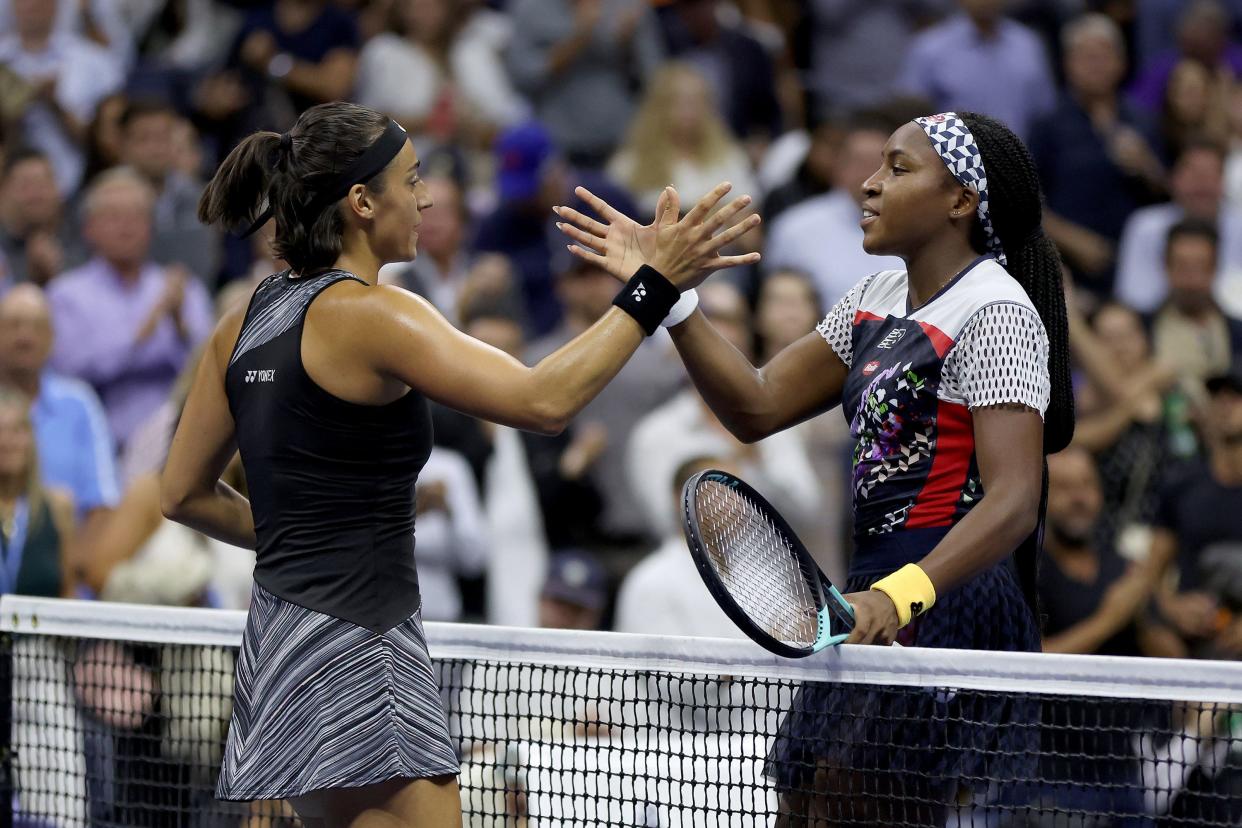 Caroline Garcia of France shakes hands with Coco Gauff of the United States after their Women’s Singles Quarterfinal match on Day Nine of the 2022 U.S. Open at USTA Billie Jean King National Tennis Center on Sept. 6, 2022, in Flushing, Queens.