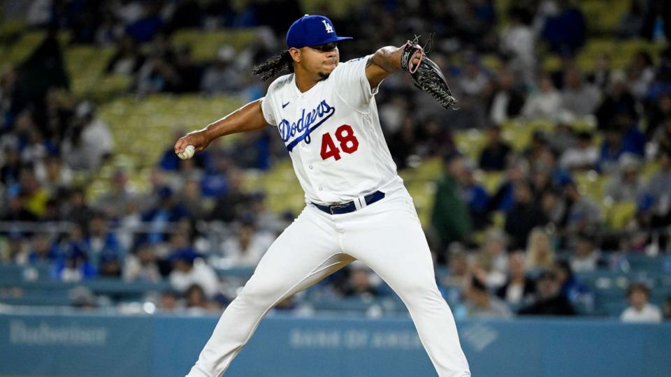PHOTO: Relief pitcher Brusdar Graterol #48 of the Los Angeles Dodgers throws to the plate against the Detroit Tigers in the eighth inning of a baseball game at Dodger Stadium, Sept. 20, 2023, in Los Angeles. (Keith Birmingham/MediaNews Group/Pasadena Star-News via Getty Images)