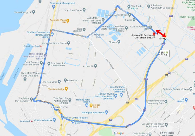 最短距離（紅色箭頭）只有200公尺，但物流司機最遠卻須繞道開7.7公里的路程。（圖／Google Map）