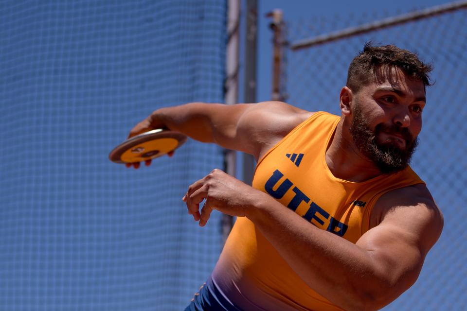 UTEP's Aleks Hristov competes in the men's discus throw during day 3 of Conference USA track and field championships at the Kidd Field at UTEP on Sunday, May 12, 2024.