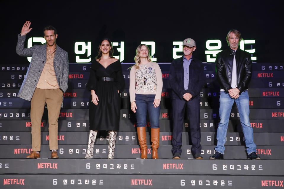 SEOUL, SOUTH KOREA - DECEMBER 02: (LR) Ryan Reynolds, Adria Arjona, Mélanie Laurent, Ian Bryce and Michael Bay attend the press conference for the world premiere of Netflix's '6 Underground' at Four Seasons Hotel on December 02, 2019 in Seoul, South Korea. (Photo by Woohae Cho/Getty Images for Netflix)