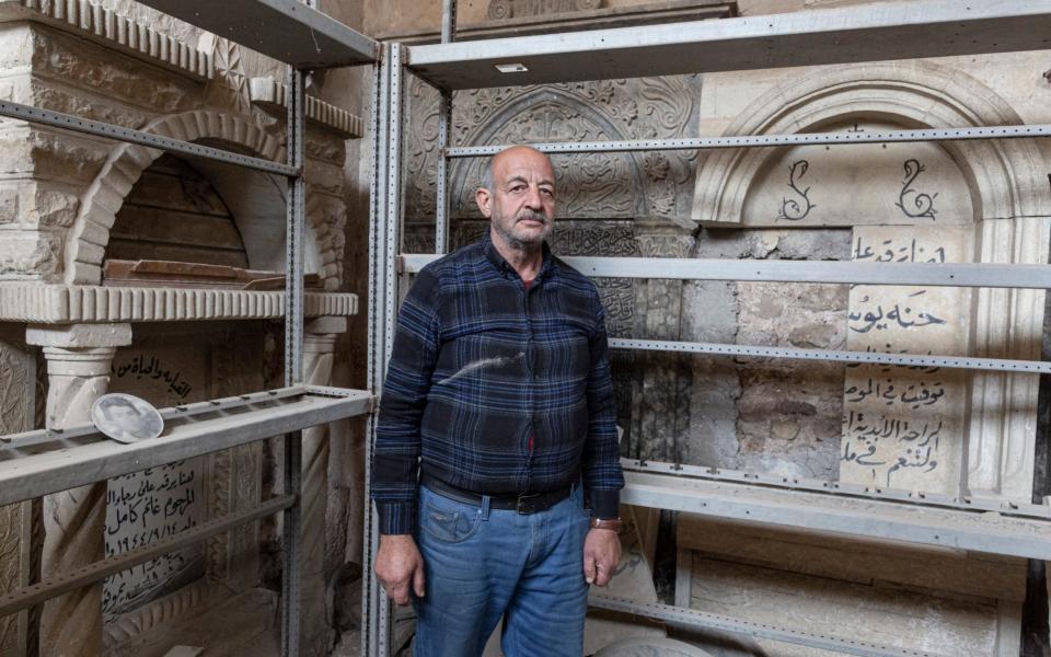 Saadullah Rassam, 63, who claims to be the only Christian currently living in the Old City of Mosul, is photographed inside The Immaculate Syriac Catholic Church, in Mosul, Iraq, on March 4th 2021 - Sam Tarling for the Telegraph 