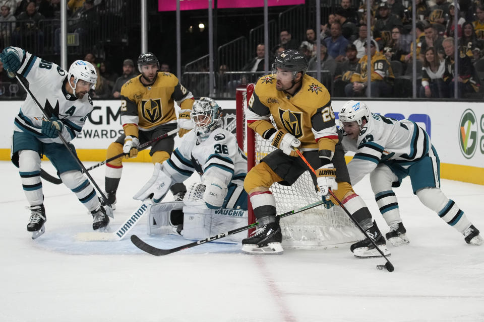 Vegas Golden Knights left wing William Carrier (28) passes against the San Jose Sharks during the second period of an NHL hockey game Friday, Nov. 10, 2023, in Las Vegas. (AP Photo/John Locher)
