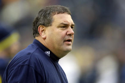 Michigan head coach Brady Hoke watches during warm-ups before an NCAA college football game against Maryland in Ann Arbor, Mich., Saturday, Nov. 22, 2014. (AP Photo/Carlos Osorio)