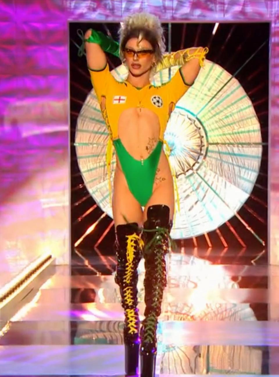 Bimini’s Norwich City outfit from ‘Drag Race UK' (BBC)