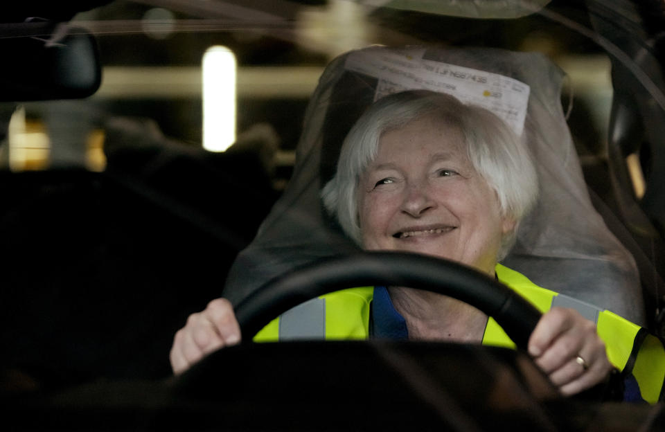 U.S. Treasury Secretary Janet Yellen sits inside a newly-assembled vehicle during her tour at the Ford Assembling Plant in Pretoria, South Africa, Thursday, Jan. 26, 2023. (AP Photo/Themba Hadebe)