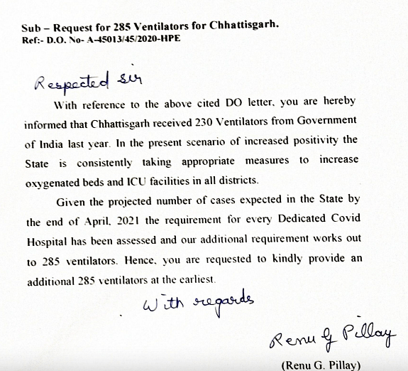 <div class="paragraphs"><p>Screenshot of the letter written by Chhattisgarh Health Secretary to Union Health Secretary demanding 285 ventilators. </p></div>