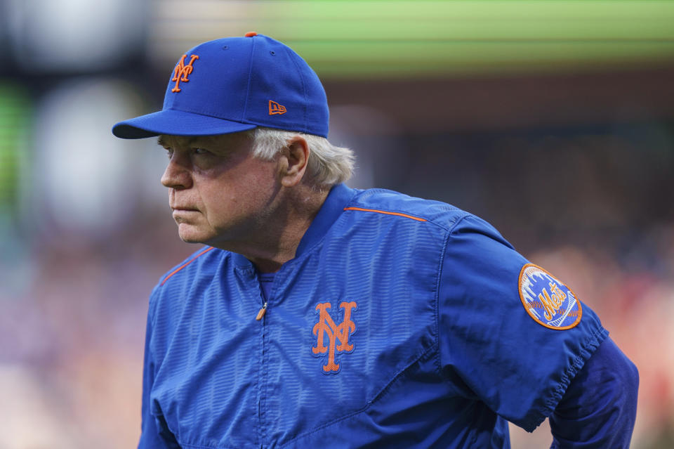 FILE - New York Mets manager Buck Showalter waits for the team's baseball game against the Philadelphia Phillies, Aug. 19, 2022, in Philadelphia. Showalter was named National League Manager of the Year on Tuesday, Nov. 15, in voting by a Baseball Writers' Association of America panel. (AP Photo/Chris Szagola, File)