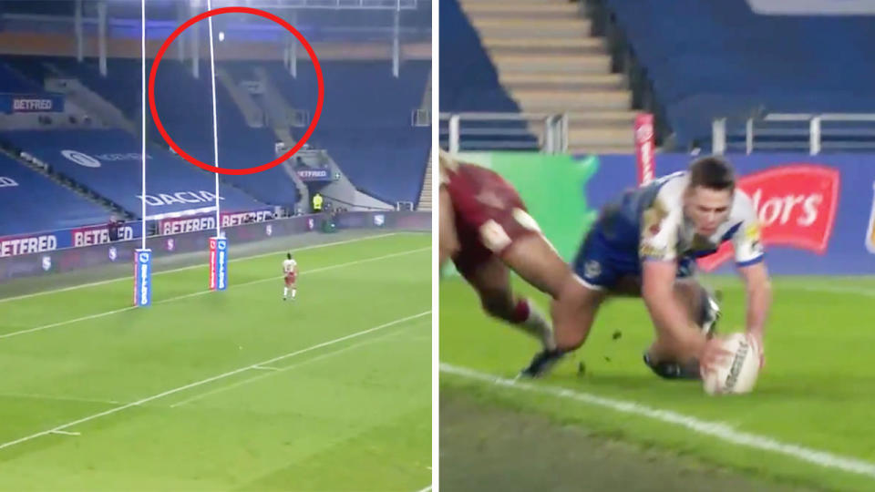 St Helens' star Tommy Makinson hit the post with a drop-goal attempt (pictured left) before Jack Welsby (pictured right) scored a try.