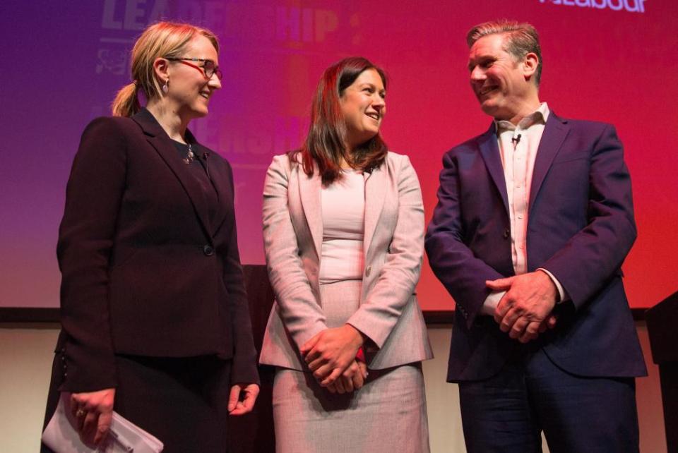 Starmer with leadership rivals Rebecca Long-Bailey, left, and Lisa Nandy, centre, at SEC in Glasgow in February.