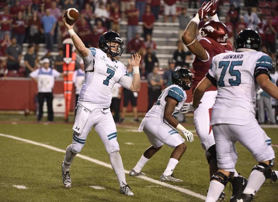 Coastal Carolina’s game against Campbell was moved from Saturday to Wednesday. Nov. 4, 2017, in Fayetteville, Ark. (AP Photo/Michael Woods)