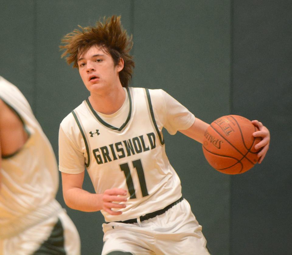 Griswold sophomore Kaden Kazlauskas makes his move against Tourtellotte at Griswold High School. Kazlauskas scored a team-high 23 points in a win at Stonington on Friday.
