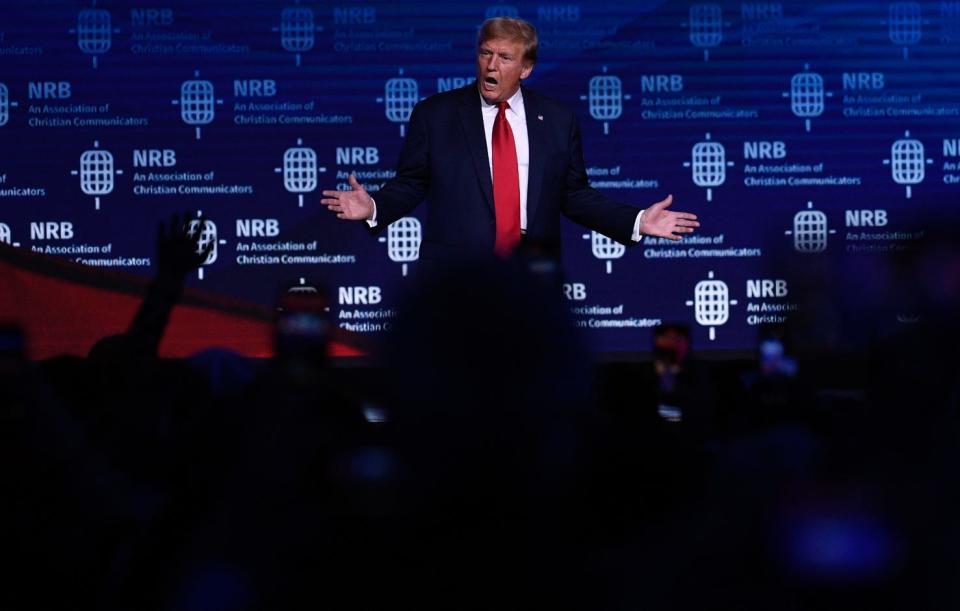 Former President Donald Trump addresses the 2024 NRB International Christian Media Convention sponsored by the National Religious Broadcasters association at the Gaylord Opryland Resort and Convention Center in Nashville, Tenn., Thursday night, February 22, 2024.