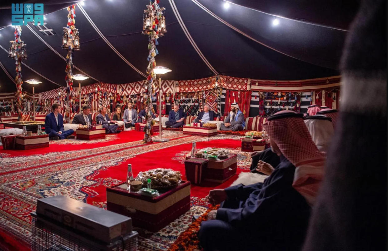 Jeffrey Talpins, third from left, addressing Saudi Crown Prince Mohammed bin Salman, Sen. Lindsey Graham and the U.S. ambassador to Saudi Arabia, Michael Ratney. (Saudi Press Agency)