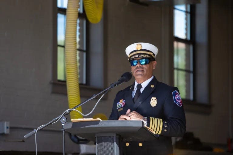 El Paso Fire Department Chief Jonathan Killings speaks at a ribbon-cutting ceremony at the recently renovated Fire Station 10 in Central El Paso, April 17, 2024.