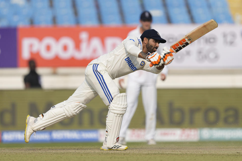 India's Ravindra Jadeja plays a shot on the first day of the third cricket test match between India and England in Rajkot, India, Thursday, Feb. 15, 2024. (AP Photo/Ajit Solanki)