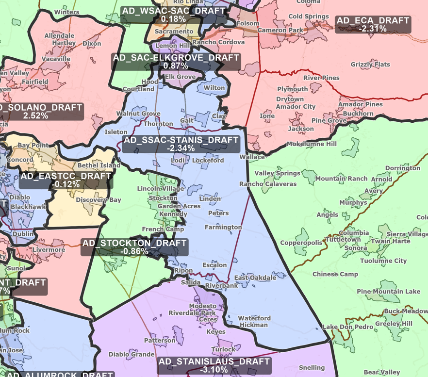Proposed boundaries for California Assembly districts representing San Joaquin County