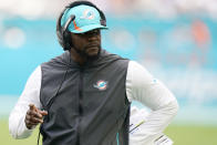 Miami Dolphins head coach Brian Flores gestures during the first half of an NFL football game against the New York Giants, Sunday, Dec. 5, 2021, in Miami Gardens, Fla. (AP Photo/Wilfredo Lee)