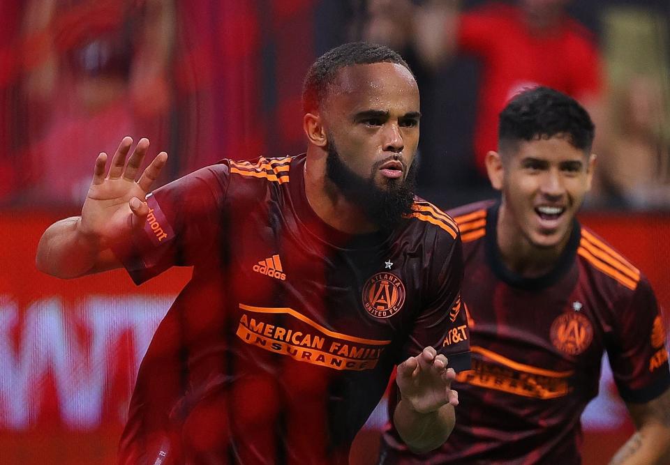 ATLANTA, GEORGIA - JUNE 20:  Anton Walkes #4 of Atlanta United reacts after scoring on a header against the Philadelphia Union during the second half at Mercedes-Benz Stadium on June 20, 2021 in Atlanta, Georgia. (Photo by Kevin C. Cox/Getty Images)