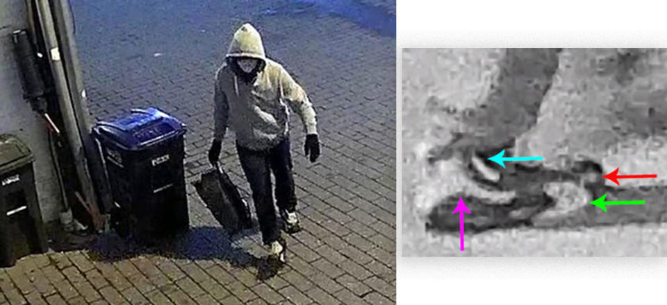 Security camera image of a suspect linked to the pipe bombs found in Washington, D,C, on Jan. 6, 2021, and a closeup of the person's distinctive shoe. / Credit: FBI