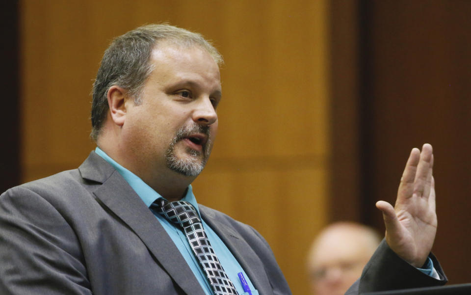 Daniel Borgen makes closing arguments for the defense Thursday, Sept. 27, 2018, in District Court, in Fargo, N.D., during William Hoehn's trial for conspiracy to commit murder of Savanna LaFontaine-Greywind, a 22-year-old who's baby was cut from her womb. ( Michael Vosburg/The Forum via AP, Pool)