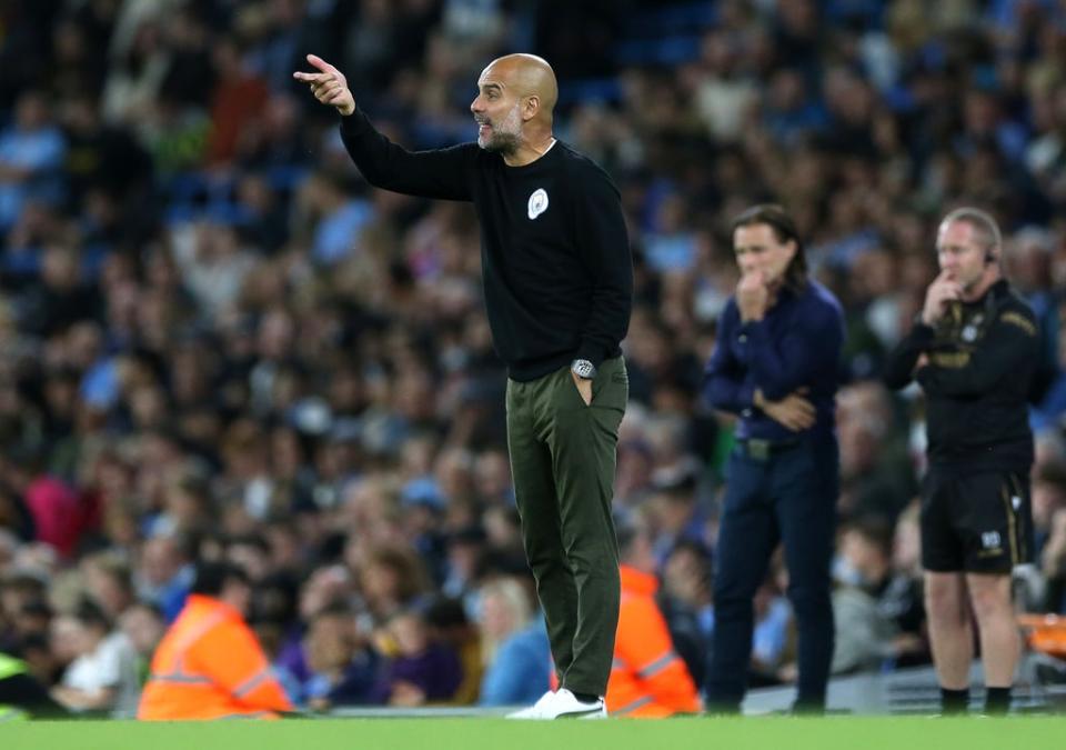 Pep Guardiola was left impressed by Manchester City’s young prospects in Tuesday’s win over Wycombe (Barrington Coombs/PA) (PA Wire)