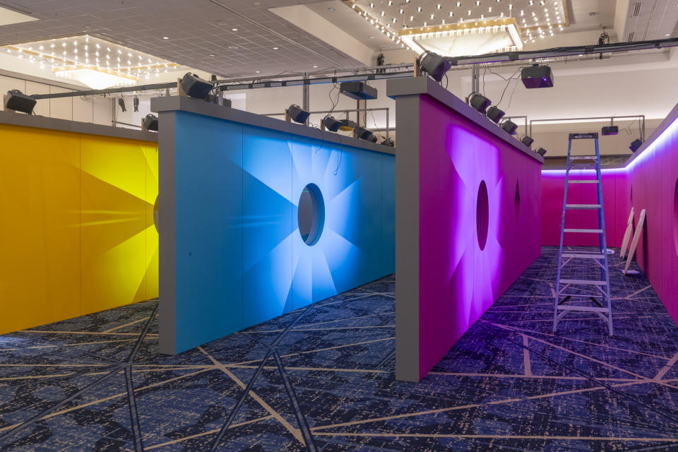 Epson projectors being set up at an immersive installation for a nonprofit cancer organization donor event in Seattle.