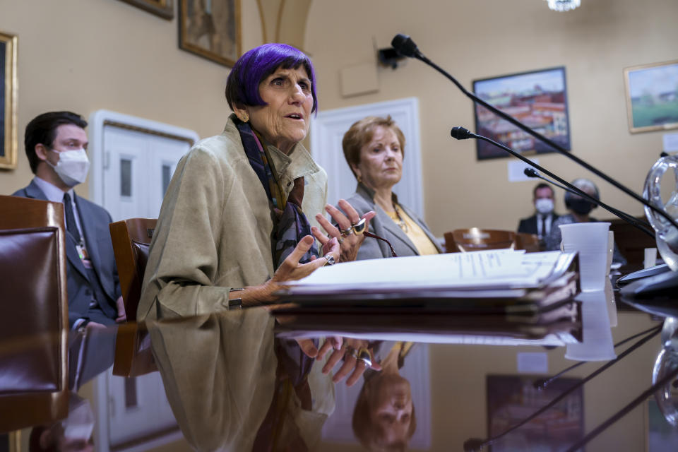 House Appropriations Committee Chair Rosa DeLauro, D-Conn., left, joined by Rep. Kay Granger, R-Texas, the ranking member of Appropriations, appear before the House Rules Committee as they field questions about the politics of the federal debt, at the Capitol in Washington, Tuesday, Sept. 21, 2021. (AP Photo/J. Scott Applewhite)