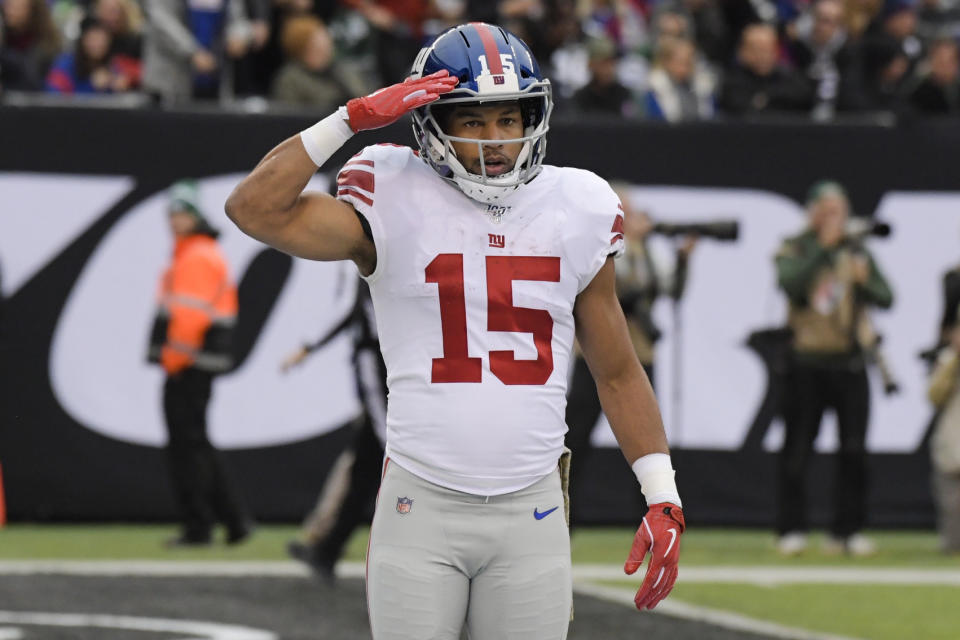 New York Giants wide receiver Golden Tate (15) gestures after scoring during the second half of an NFL football game against the New York Jets Sunday, Nov. 10, 2019, in East Rutherford, N.J. (AP Photo/Bill Kostroun)