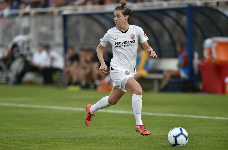 BOYDS, MD - MAY 18: Portland Thorns FC defender Meghan Klingenberg (25) runs with the ball during the National Womens Soccer League (NWSL) game between the Portland Thorns and the Washington Spirit May 18, 2019 at Maureen Hendricks Field at Maryland SoccerPlex in Boyds, MD. (Photo by Randy Litzinger/Icon Sportswire via Getty Images)